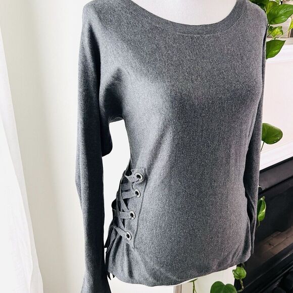 INC International Concepts Charcoal Gray Laceup Sides Soft Stretchy Blouse Large - Picture 2 of 8